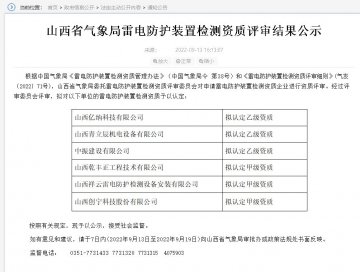 山西雷電防護裝置檢測資質評審結果公示,3家單位升甲級資質！